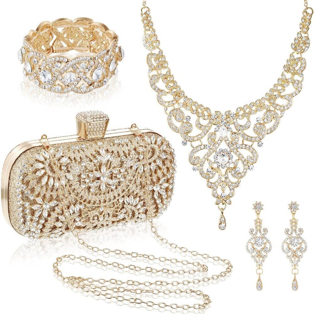 4 Pcs Gold Rhinestone Jewelry Set with Clutch Evening Party Wear